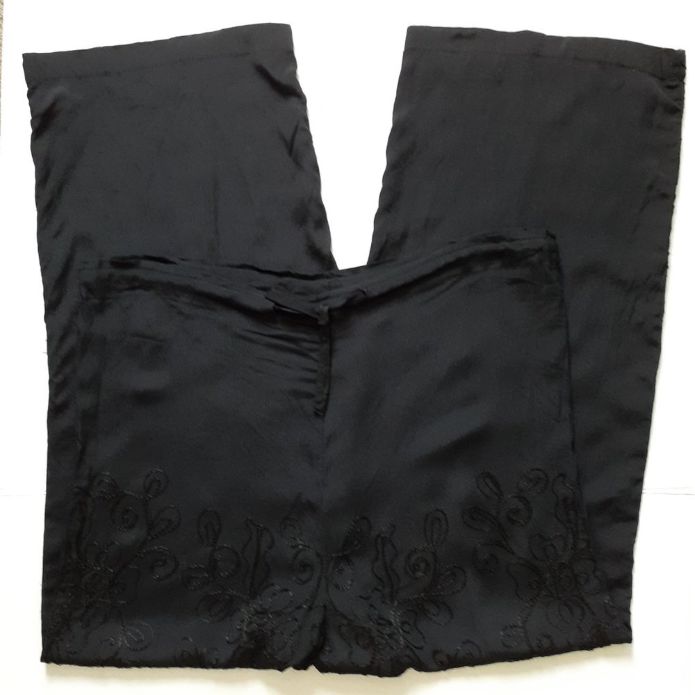 Vintage Passports Pier 1 Imports Rayon Wide Leg Pants w/Embroidery Black Size M